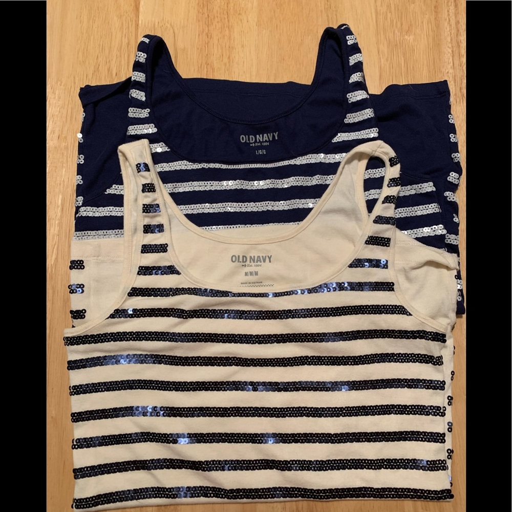 Old Navy sequined tank tops, med/large. Navy/cream